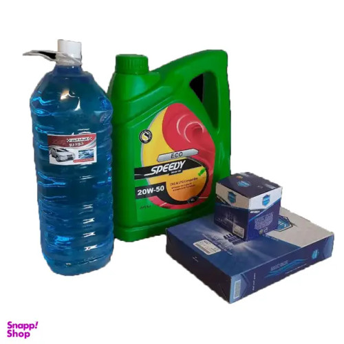 پک روغن موتور اسپیدی اکو SNG حجم 4 لیتر به همراه فیلتر روغن و فیلتر هوا و شیشه شوی خودرو مناسب پراید گاز سوز