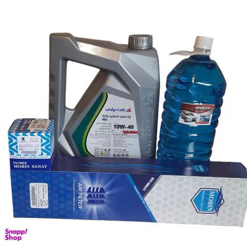 پک روغن موتور پارس سوپر پایا 5 لیتری و فیلتر روغن و هوای مبین و شیشه شوی خودرو مناسب پژو 206TU5 و 207 و اچ سی کراس مجموعه 4 عددی